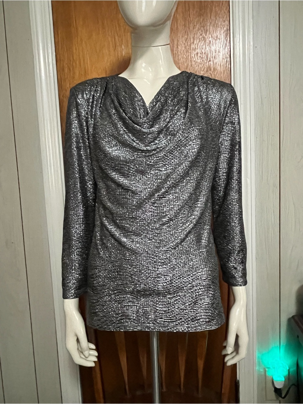 MSK Metallic Silver Draped Long Sleeve Top